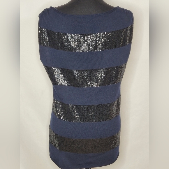 Alice + Olivia Navy Blue Wool and Black Sequin Striped Sleeveless Sweater Size L - Picture 5 of 9